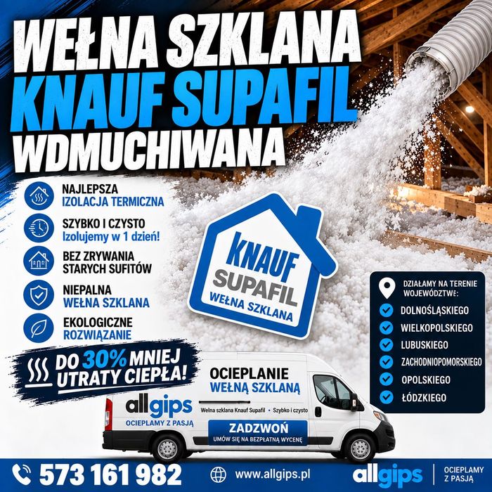 Ocieplanie wełną szklaną wdmuchiwaną Knauf Supafil, izolacja poddasza, dmuchanie stropu, termoizolacja domu, ocieplenie celulozą Wolne terminy!
