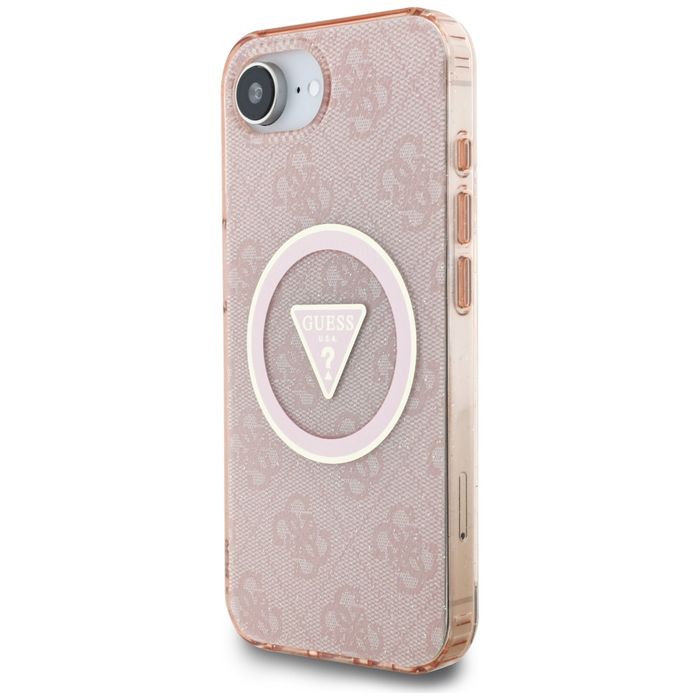 Etui Guess IML Metal Glitter 4G Triangle MagSafe do iPhone 16e różowy