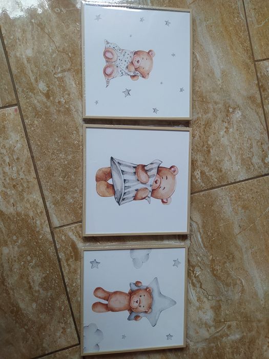 3 obrazki do pokoju dziecka misie 20 x20