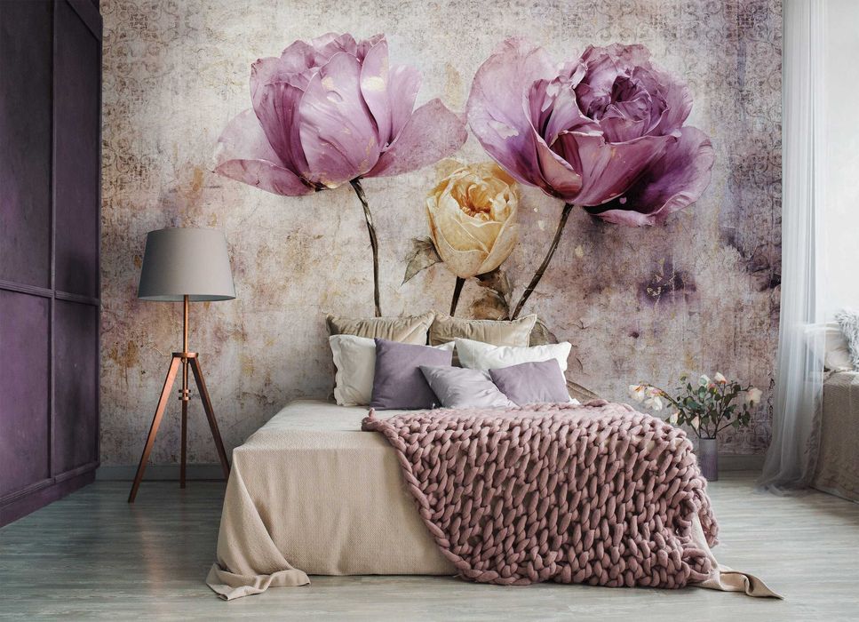 Fototapeta Fiolet Purpur Kwiaty Beton Loft 3D Twój Rozmiar + KLEJ