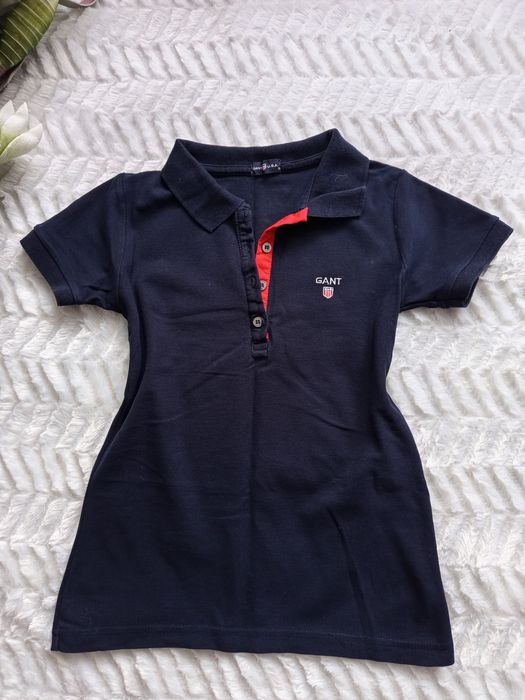 Bluzka polo z krótkim rękawem granatowa napis Gant bawełna koszulka t-shirt
