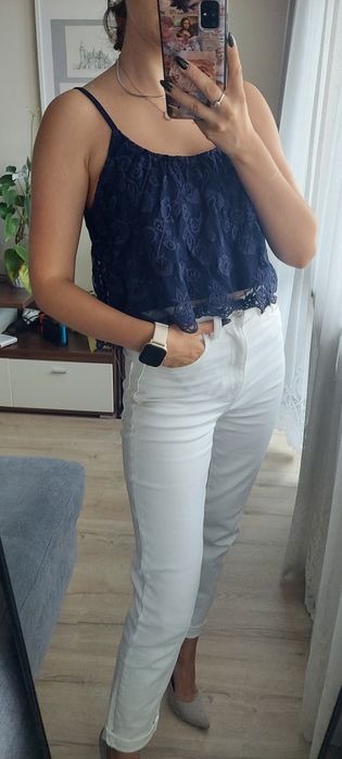 Granatowy croptop top koronka róże hafty New Yorker XS 34