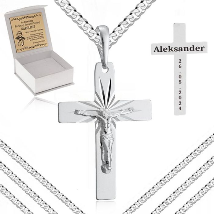 Srebrny Łańcuszek Komunijny + Krzyżyk Jezus 925 + Grawer Na Chrzest Ko