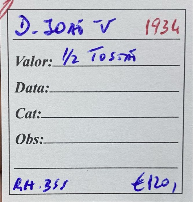 Moeda 1934 - D. Joao V - 1/2 Tostao Prata