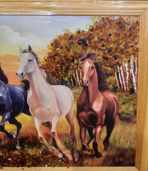 Obraz - bursztyn - konie.