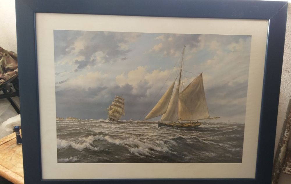Quadro caravela moldura azul