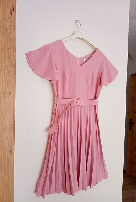 Elegancka plisowana sukienka midi,XL/42/14-XXL/44/16, pudrowy róż
