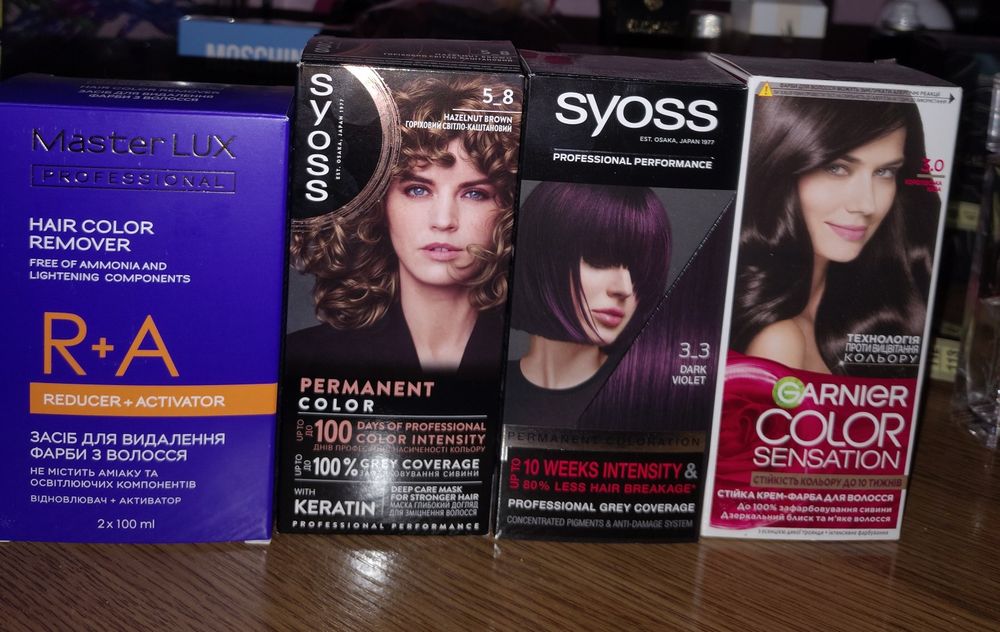 Кислотна змивка,фарби для волосся Syoss фіолетова,горіхова,Гарньєр 3.0