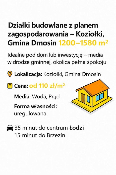 Koziołki kŁodzi działka 1582m2 MPZP prąd/woda/asfalt 110zł m2