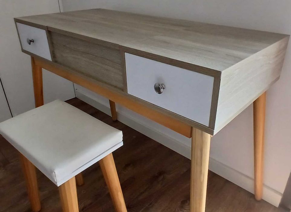 Toucador com Espelho Dobrável Mesa de Maquilhagem com Banco Compartimentos e Gavetas 100x45x118cm Madeira e Branco