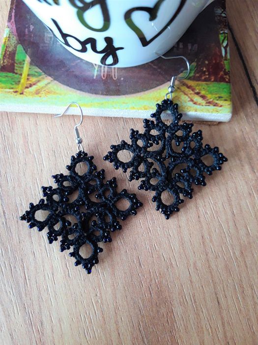 Czarne kolczyki koronkowe frywolitka handmade