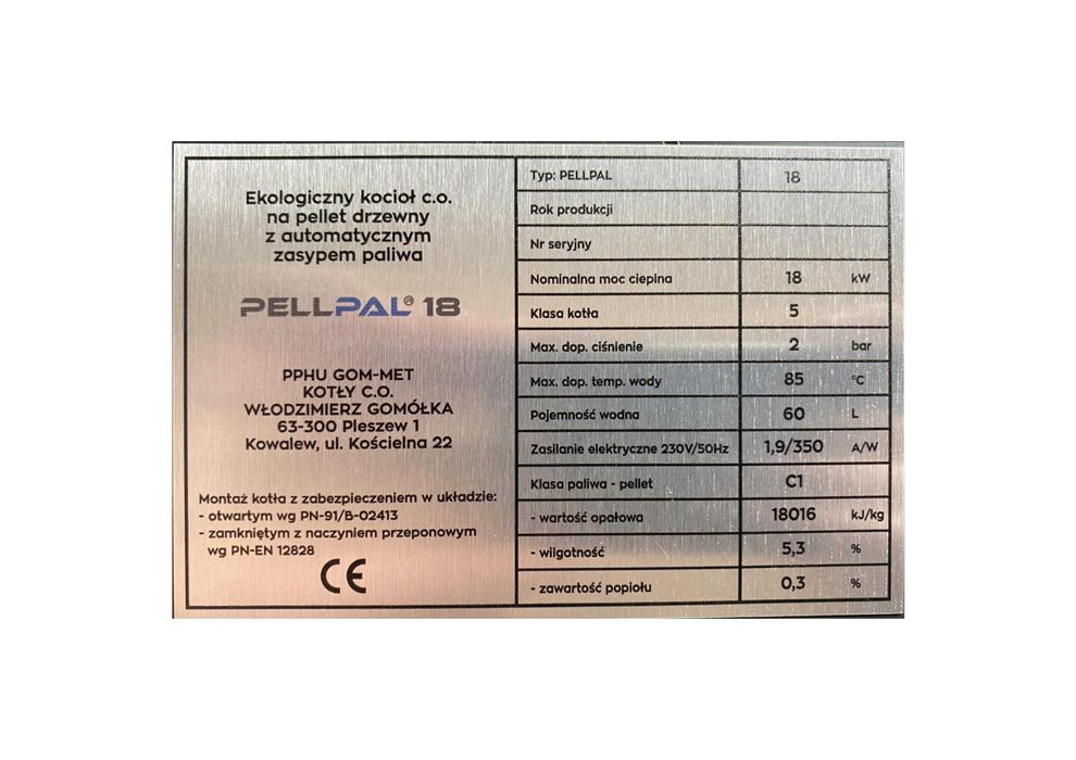 Piec kocioł na pellet typu PELLPAL 18 kW 5 klasa i ecodesign
