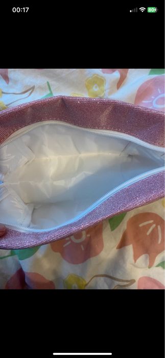 Nowa kosmetyczka różowa pudrowy róż brokatowa średniej wielkości