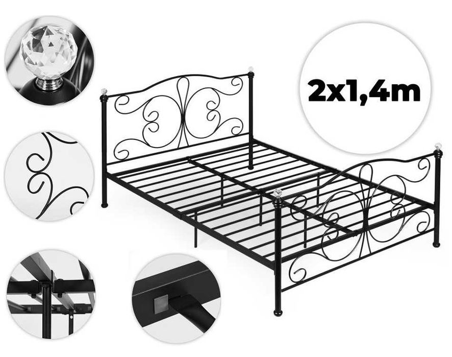 ŁÓŻKO metalowe 140x200 cm ze stelażem CZARNE KLASYCZNE
