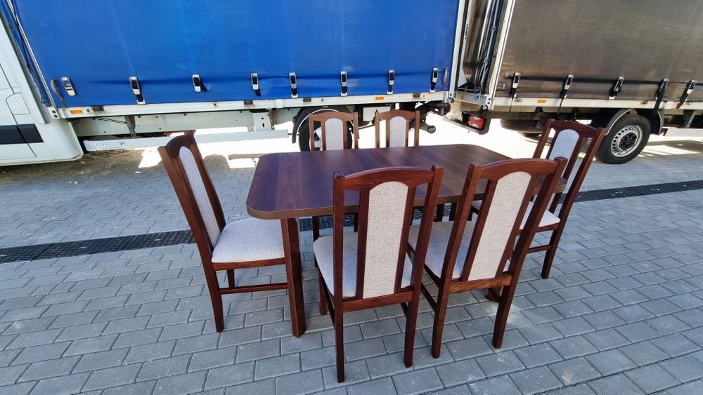 Nowe: Stół 80x140/180 + 6 krzeseł, orzech + kawa z mlekiem, dostawa PL