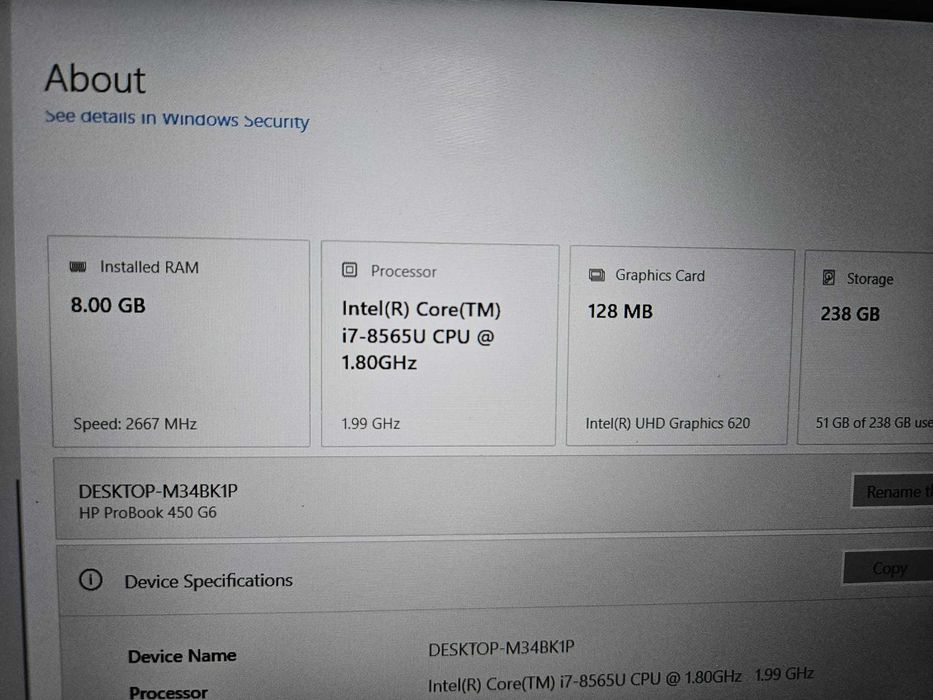 HP ProBook 450 G6 – i7 8565U / 8GB / 256SSD