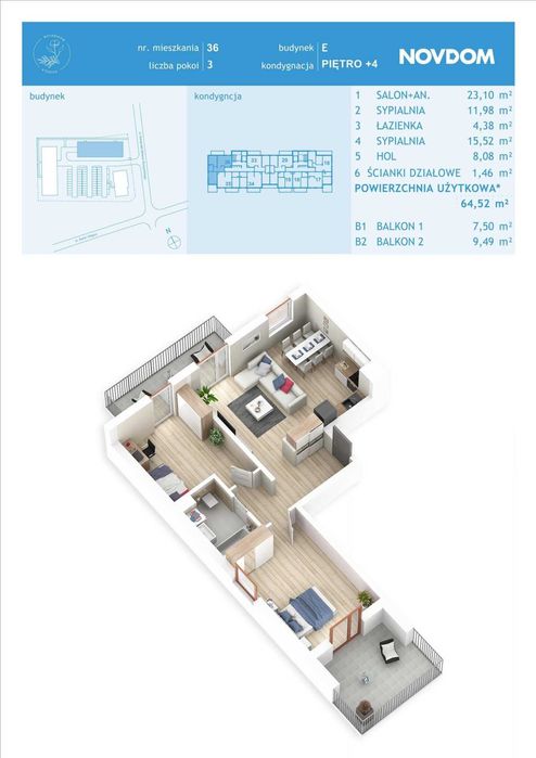 3 pokojowe mieszkanie - 64,52 m2 - Osiedle Botaników EF - Przasnysz