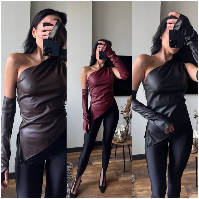 Крутий шкіряний топ з рукавичками