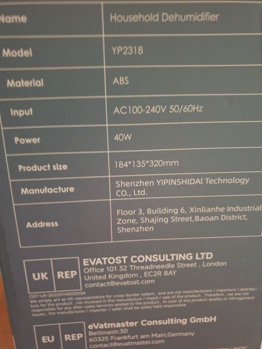 Osuszacz powietrza model yp2318