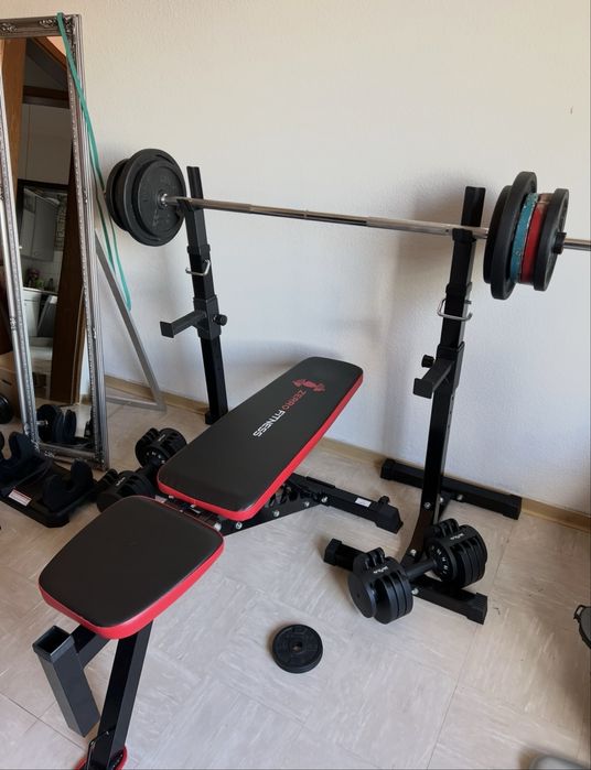 Ławeczka do ćwiczeń CCLife, stojaki regulowane pod sztange, gryf i 70kg obciążenia żeliwnego