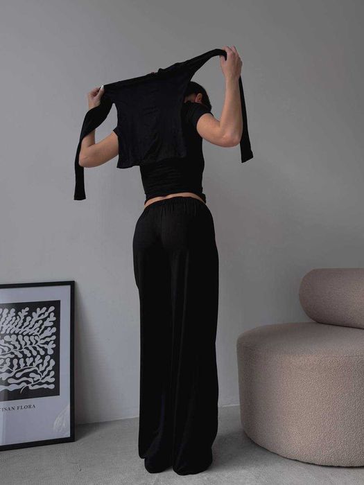 Жіночий костюм 3в1 трійка топ + лонгслів + штани палаццо нат. віскоза