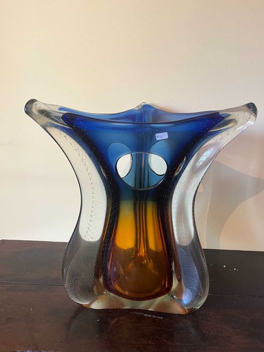 Centro de Mesa / Jarra / Escultura em Vidro Artístico – Azul e Âmbar