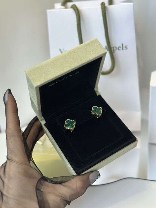 Нові срібні сережки Van Cleef Ван кліф в лимонній позолоті з малахітом