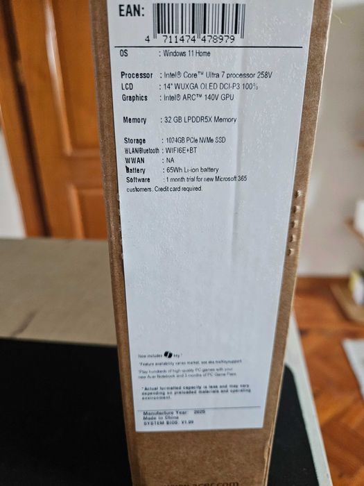 Portátil Acer Aspire 14 AI 14-52M-78K4 (14" OLED/Intel Ultra 7 258V/32GB DDR5/1TB/ARC 140V novo c/garantia