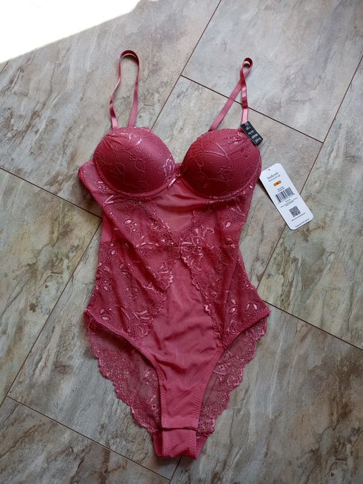 Body damskie koronkowe różowe gorset push-up
