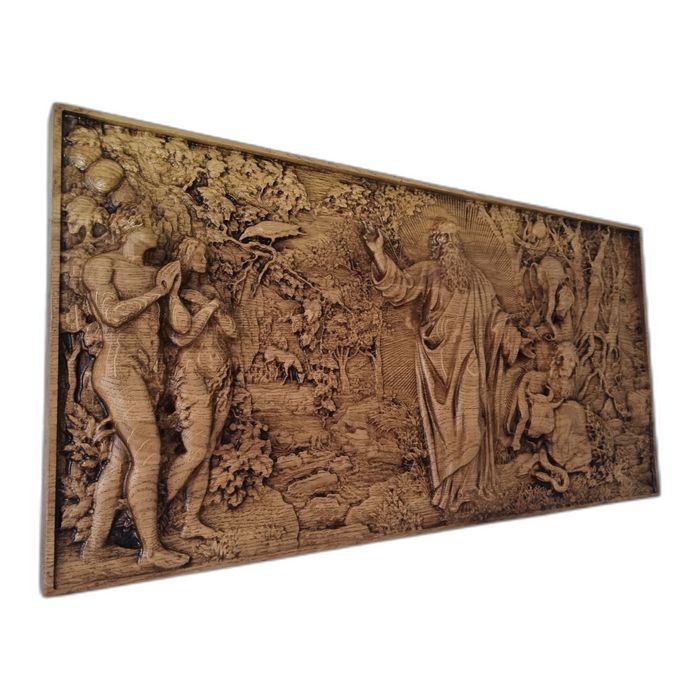 Stworzenie Adama i Ewy – Piękna dębowa rzeźba, panel ścienny 3D