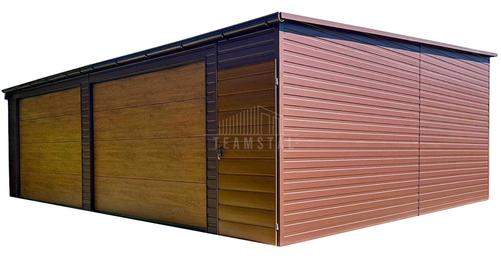 Garaż blaszany 8x6m - 2x brama segmentowa - drzwi  dach  rynna TS1121