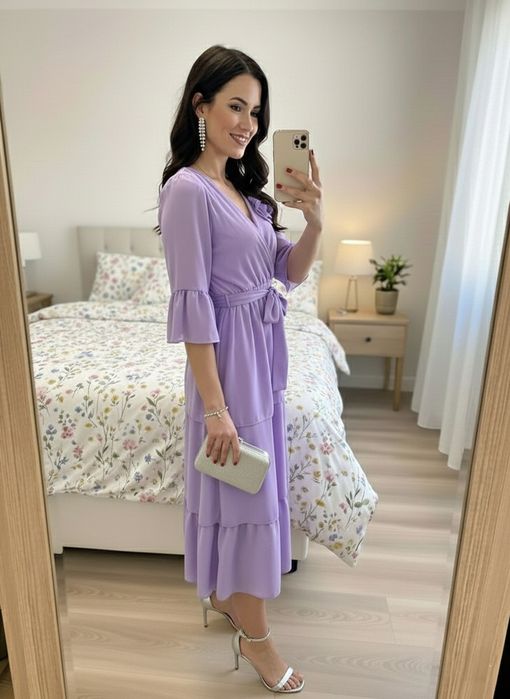 Fioletowa okazjonalna sukienka z falbankami i różą