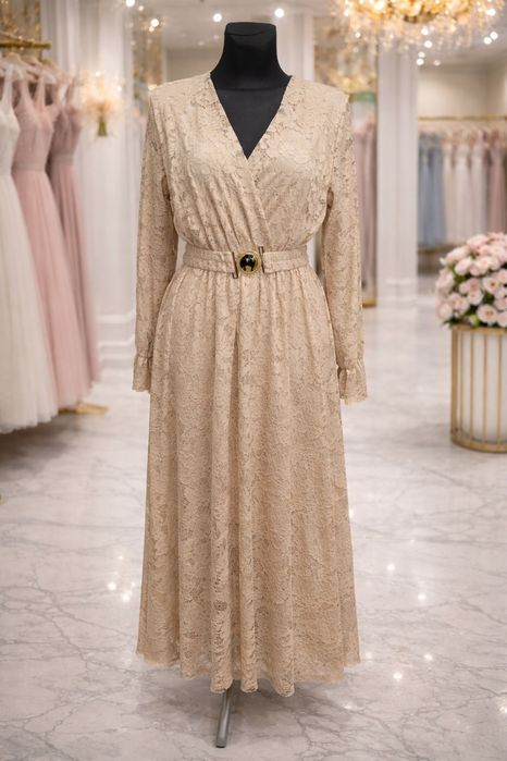 Elegancka sukienka koronkowa beżowa midi pasek nowa 115 cm