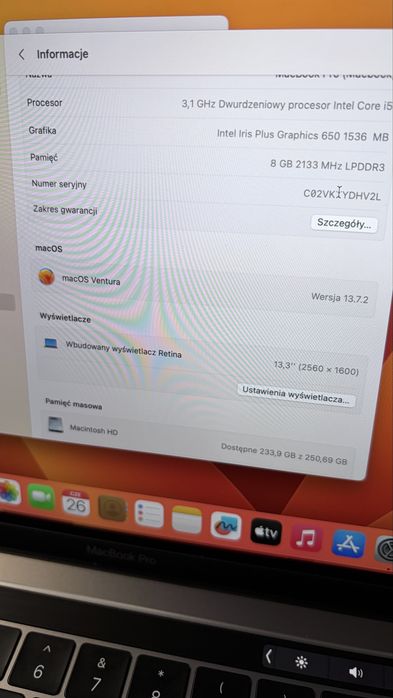 MacBook Pro 13” 3.1GHz 8RAM 250 SSD
