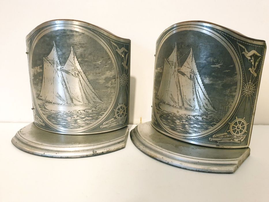 Pair of unusual antique bookends with nautical motifs, made of shell and wood