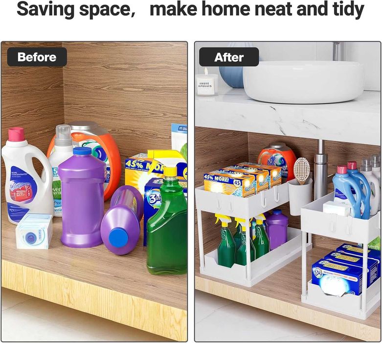 2x Organizer Kuchenny pod zlew, Łazienkowy 2-poziomowy Wysuwany BIAŁY