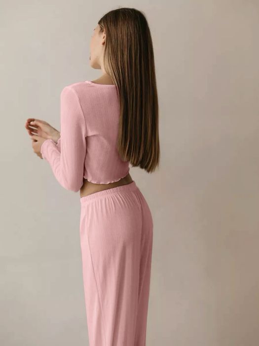 Трикотажний бавовняний домашній комплект штани і топ з довгим рукавом