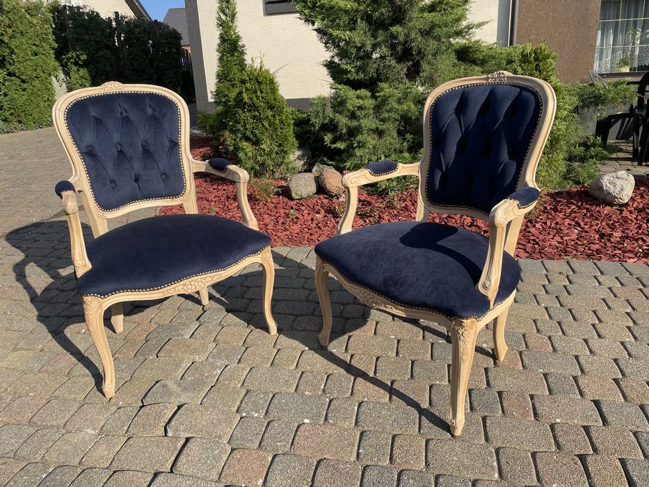 Fotel ludwikowski dąb drewno granat zieleń ława Ludwik XV renowacja