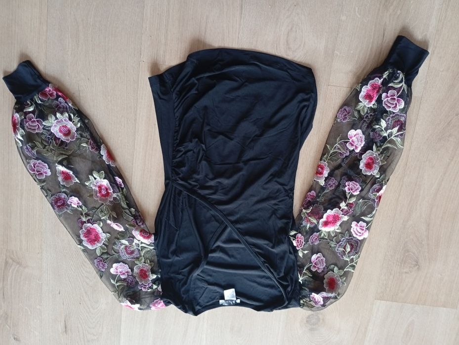 Elegancka kopertowa bluzka z długim rękawem kolorowe siateczkowe koronka XS s 36 34 czarna