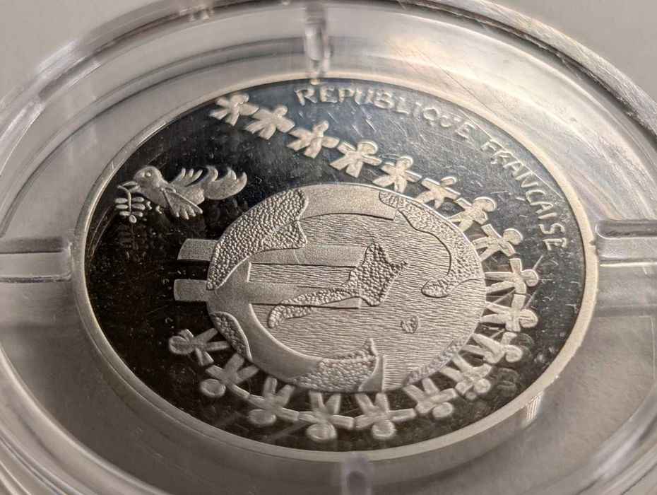 Moeda 1/4 euro francesa, em prata, do ano 2002 com certificado