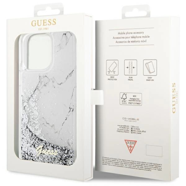 Etui Guess Liquid Glitter Marble na iPhone 14 Pro Max - białe