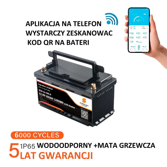 Bateria 12V 100Ah LiFePO4 1280Wh 12,8v Bateria Akumulator Smart BMS BT Bluetooth 5.0  Mata Grzewcza IP65 Wodoodporna Dom Łódka Kamper UPS