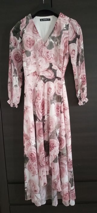 Sukienka Stella maxi – różowa róża z listkiem rozmiar 40/L