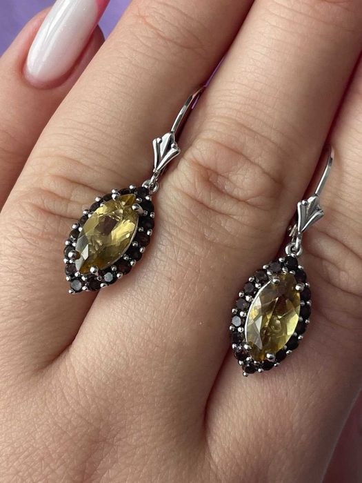 Серьги из серебра 925 пробы с цитрином и раух топазом
