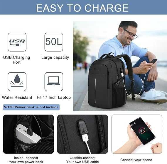 Plecak podróżny 50L na laptopa 17,3" TSA USB wodoodporny