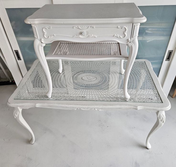 Ława drewno szyba plecionka wiedeńska bielone