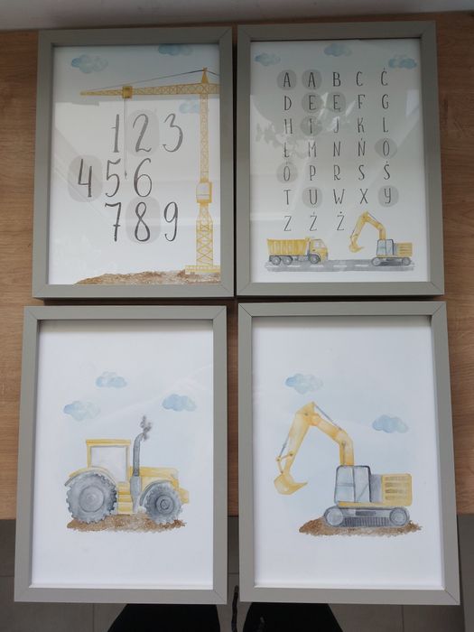 Szara ramka na zdjęcia, pojazdy budowlane, alfabet, liczby, plakat