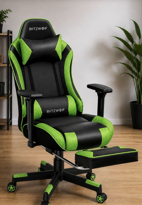 Fotel gamingowy BlitzWolf BW-GC5 czarno-zielony z podnóżkiem