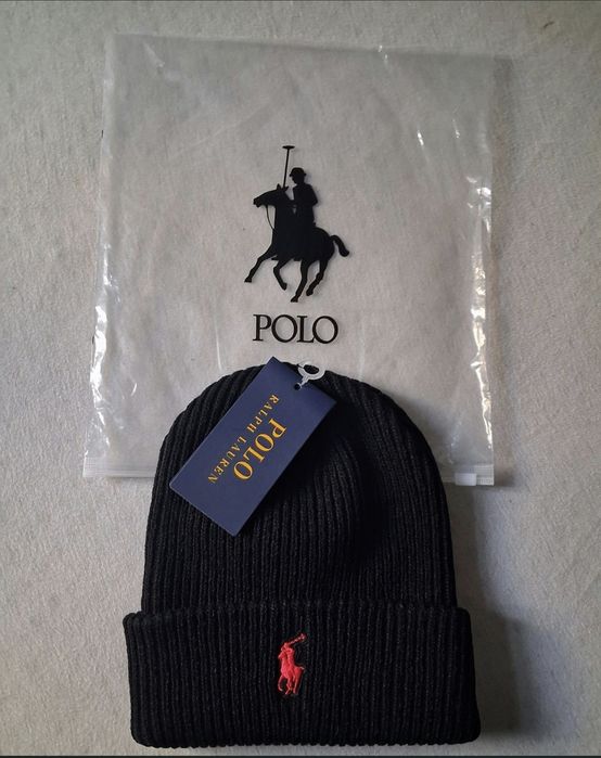 Czapka ralph lauren polo czarna męska damska zimowa czerwony konik