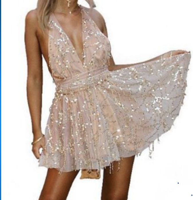 Sukienka mini cekinowa beżowa